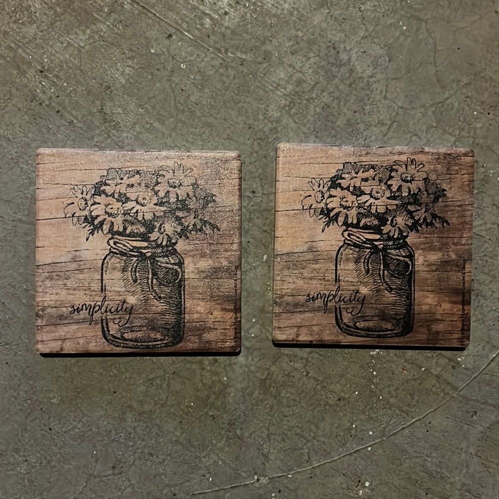 2 ceramic coasters - flowers in mason jar “simplicity”
